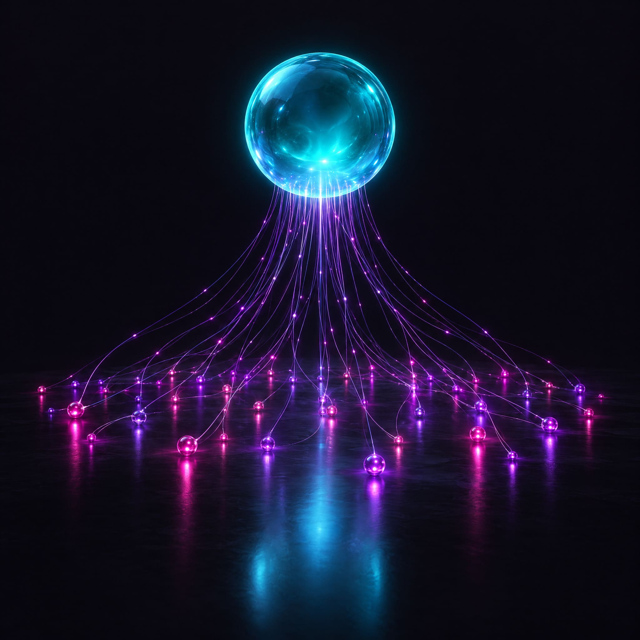 Sfera luminosa collegata a nodi distribuiti — programma CRM in cloud accessibile da tutti i reparti