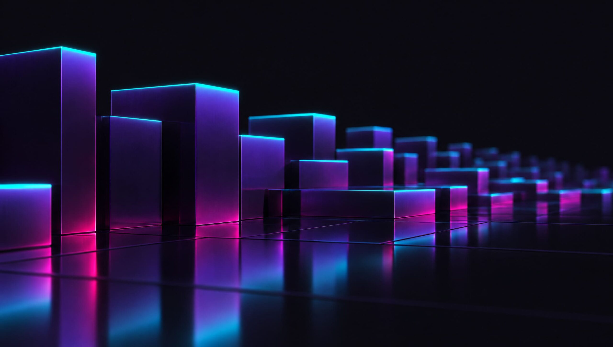 Superfici luminose che si elevano da un piano riflettente — monitoraggio e analisi dei dati aziendali