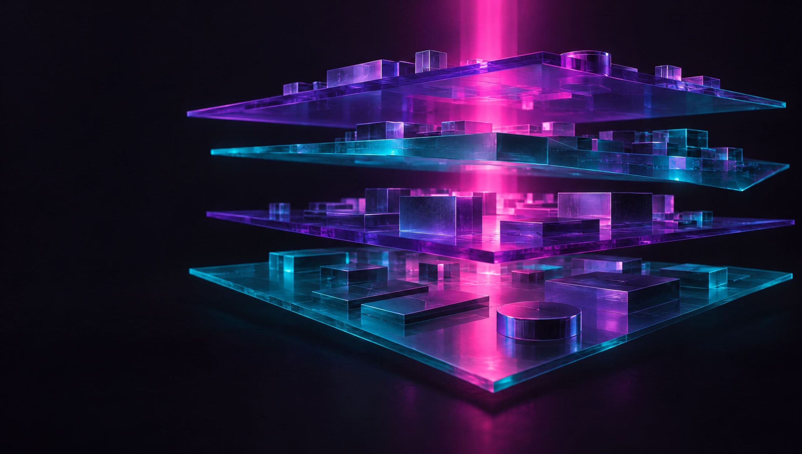 Piani digitali stratificati attraversati da luce verticale — GAS CRM, la strategia di crescita aziendale su misura